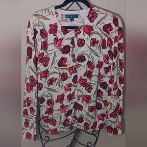 Karen Scott Red and Cream Floral Cardigan